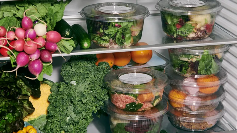 Refrigerator shelf stocked with containers of Sakara meals alongside fresh radishes and leafy greens.