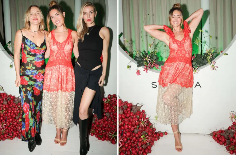 Images of Sakara x Tinx event attendees in front of fresh produce.