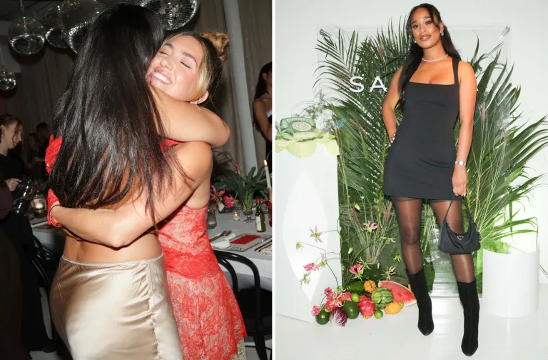 One image of influencer Tinx hugging another event attendee next to a single shot of the attendee in front of plants.