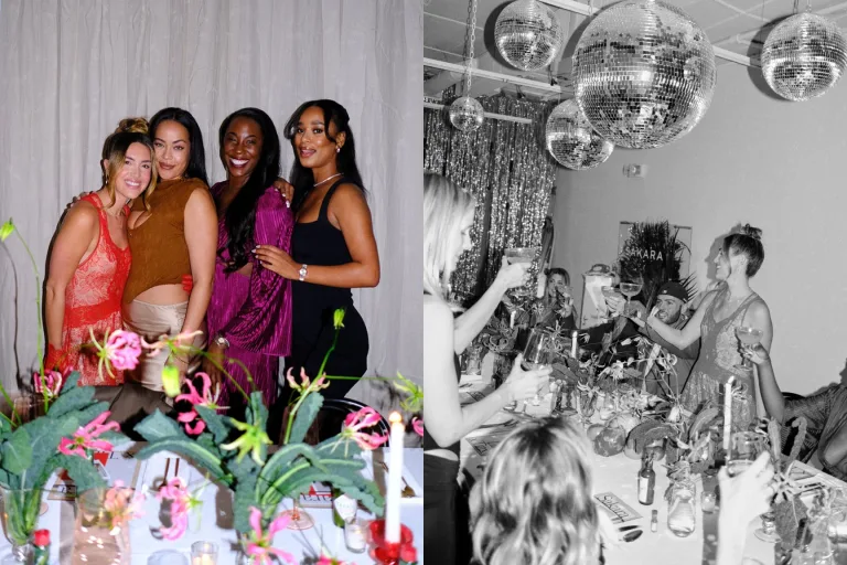 One image of a group of Sakara event attendees next to a black and white shot of the event showcasing disco balls and attendees cheers-ing.