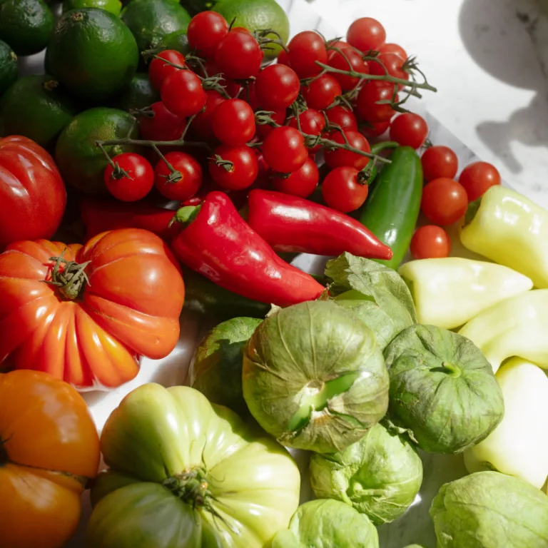 Assorted fresh produce including tomatoes on the vine, heirloom tomatoes, tomatillos, red chili peppers, limes, and pale green peppers.