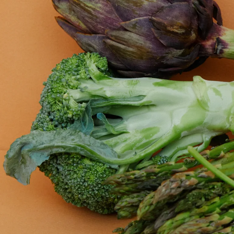 Broccoli florets, asparagus spears, and a whole artichoke arranged on a warm-toned background.