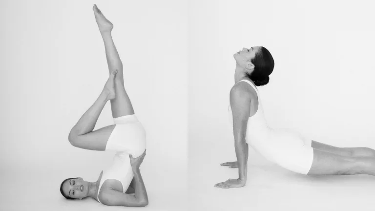 Black-and-white image of a woman performing yoga poses on a white background, including a backbend and a leg lift.