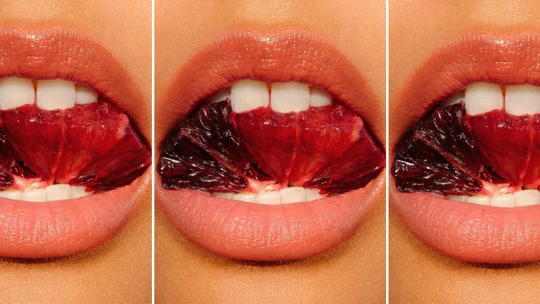 Triptych of lips biting into a slice of blood orange.