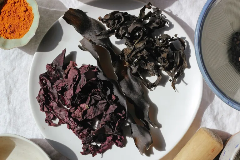 Purple and black mushrooms on a plate next to an orange seasoning powder.