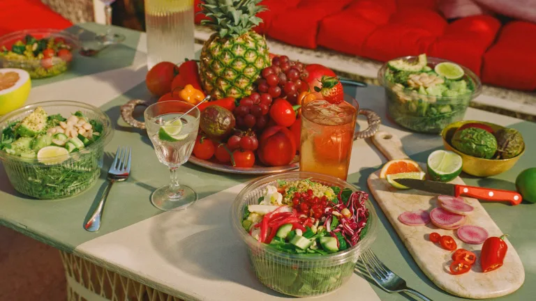 Table spread with colorful Sakara salads, fresh fruit, and drinks arranged on a green tabletop.