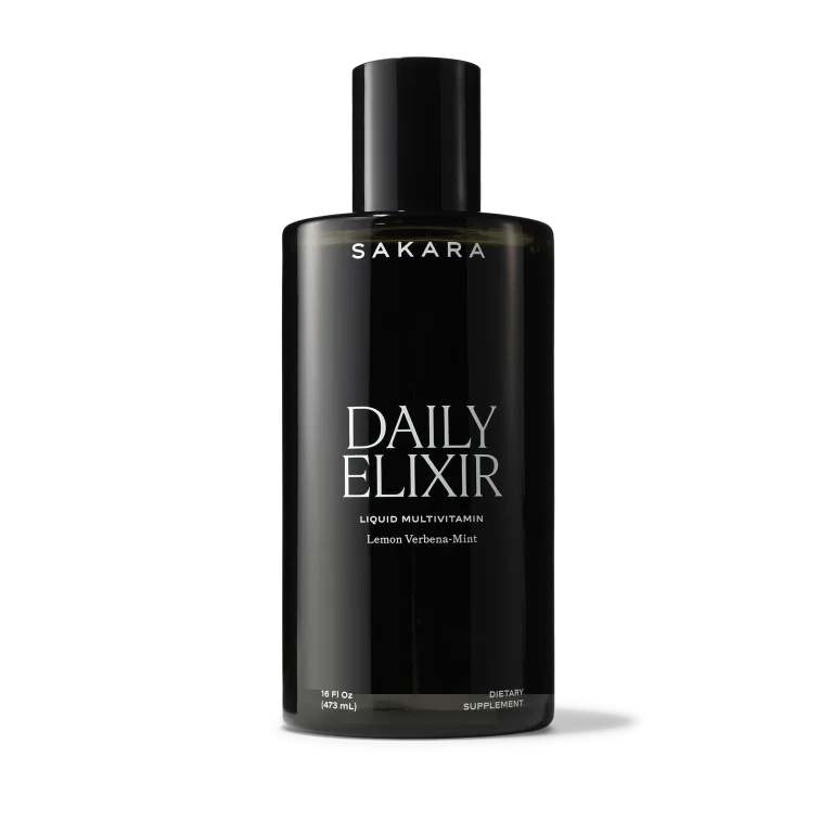 Sakara Daily Elixir liquid multivitamin in tall matte black bottle with white text, Lemon Verbena-Mint flavor, 16 fluid ounces dietary supplement