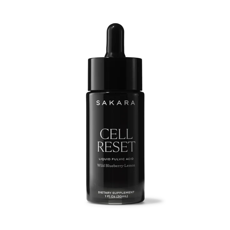 Sakara Cell Reset liquid fulvic acid in dark glass dropper bottle with black cap, wild blueberry-lemon flavor, 1 fl oz (30 mL), dietary supplement.
