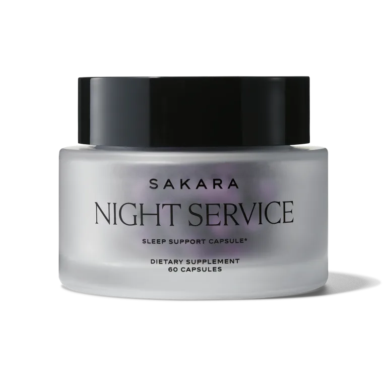 Night Service Sleep Support Capsule packaging, transparent glass jar with black cap