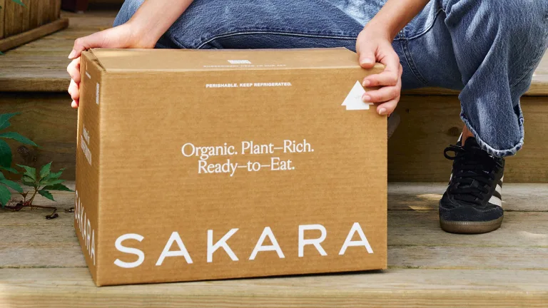 Person kneeling while holding a brown delivery box labeled “Sakara.”