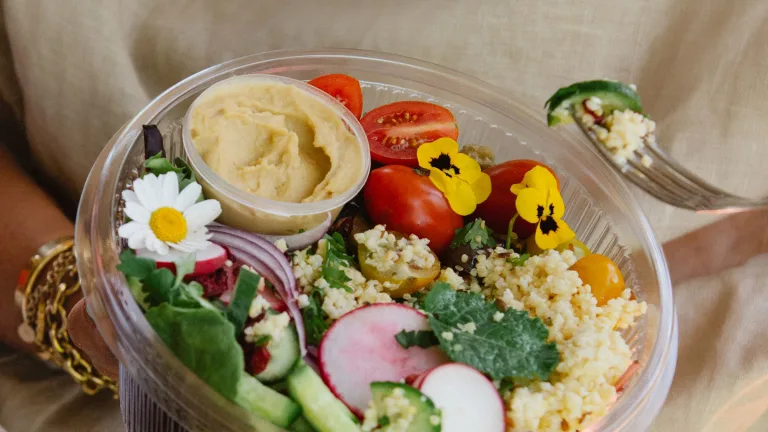 Clear round container filled with a colorful salad including hummus, tomatoes, radishes, greens, and edible flowers.