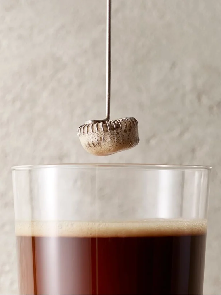 Sakara Metabolism Super Powder added to a cup of coffee with frother, demonstrating adding it to coffee.