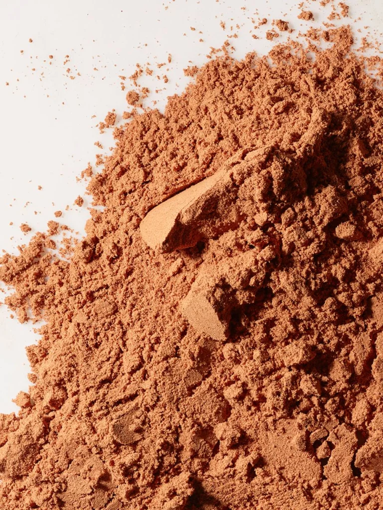 Sakara Metabolism Super Powder dark chocolate powder shown close-up with fine cocoa-textured granules on a white surface.