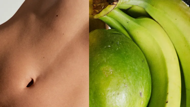 Split image showing a close-up of a bare midsection beside green bananas and a green apple.