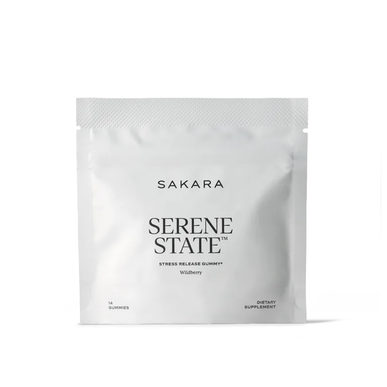 Sakara Serene State stress release gummies in matte white resealable pouch with black text, Wildberry flavor, 14 gummies dietary supplement on white background