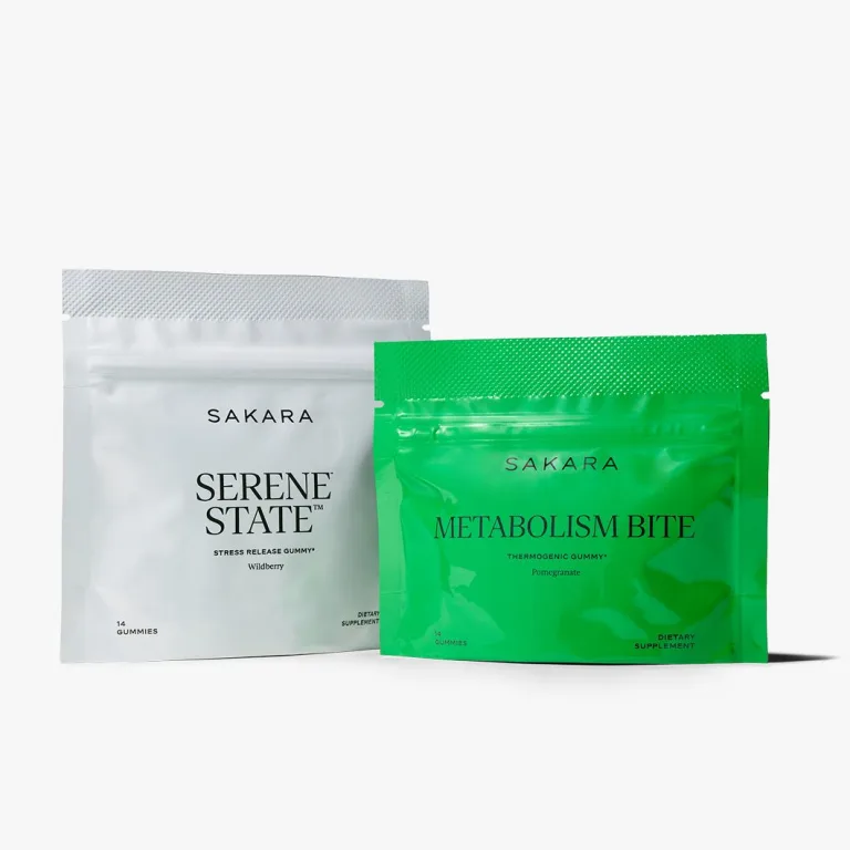 Sakara Calm & Burn Gummy Bundle featuring Serene State stress release gummies and Metabolism Bite thermogenic gummies in resealable pouches.