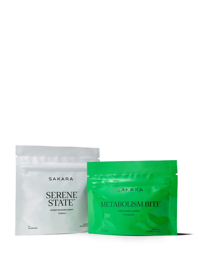 Sakara Calm & Burn Gummy Bundle featuring Serene State stress release gummies and Metabolism Bite thermogenic gummies in resealable pouches.