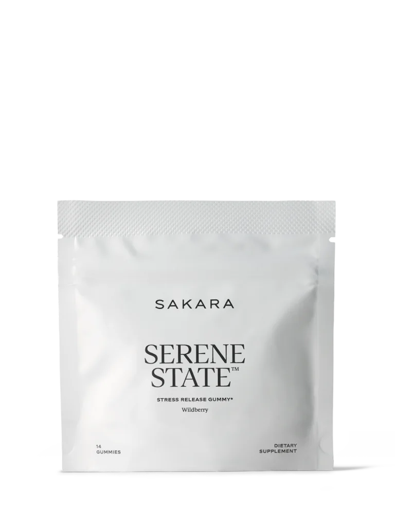 Sakara Serene State stress release gummies in matte white resealable pouch with black text, Wildberry flavor, 14 gummies dietary supplement on white background