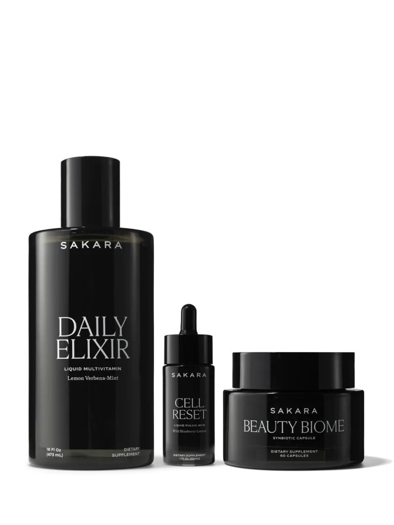 Sakara Skin Fundamentals Bundle featuring Daily Elixir liquid multivitamin, Cell Reset liquid multivitamin, and Beauty Biome probiotic capsules.