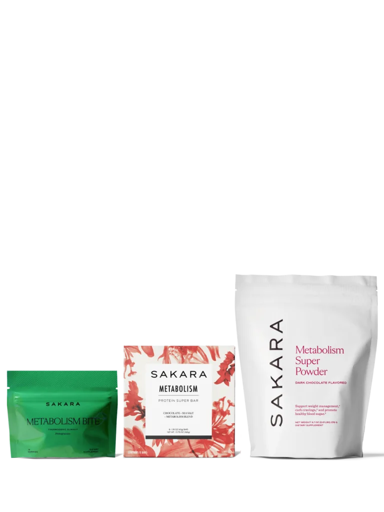 Green pouch of Sakara Metabolism Bite gummies, red floral box of Metabolism Protein Super Bar, and white pouch of Metabolism Super Powder displayed on a white background.