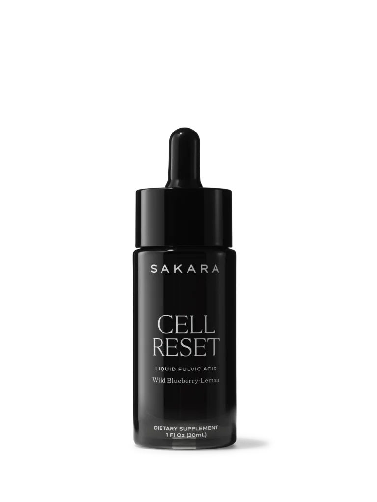 Sakara Cell Reset liquid fulvic acid in dark glass dropper bottle with black cap, wild blueberry-lemon flavor, 1 fl oz (30 mL), dietary supplement.