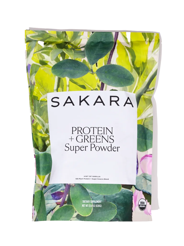 Sakara Protein + Greens Super Powder pouch with botanical leaf design and white label