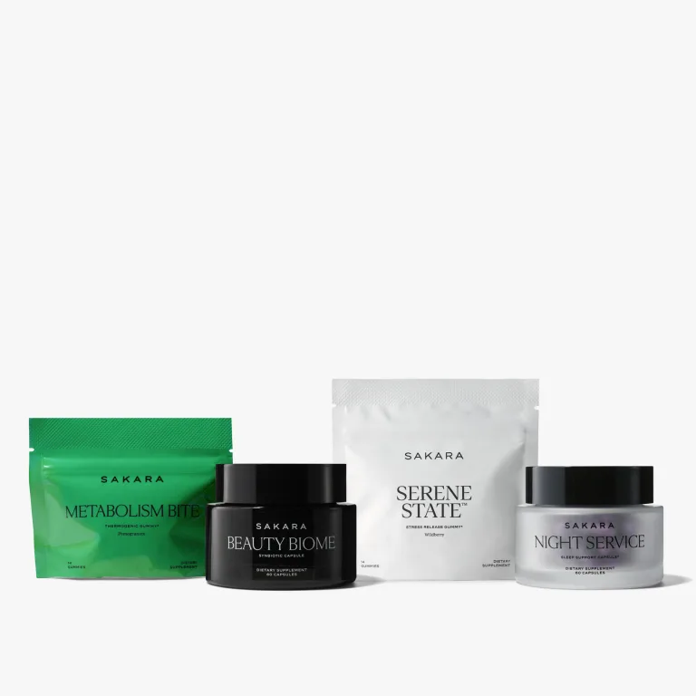 The Sakara Life Best Sellers Bundle including Metabolism Bite, Beauty Biome, Serene State, Night Service; flat image of packaging on a grey background