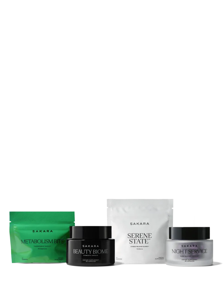The Sakara Life Best Sellers Bundle including Metabolism Bite, Beauty Biome, Serene State, Night Service; flat image of packaging on a grey background